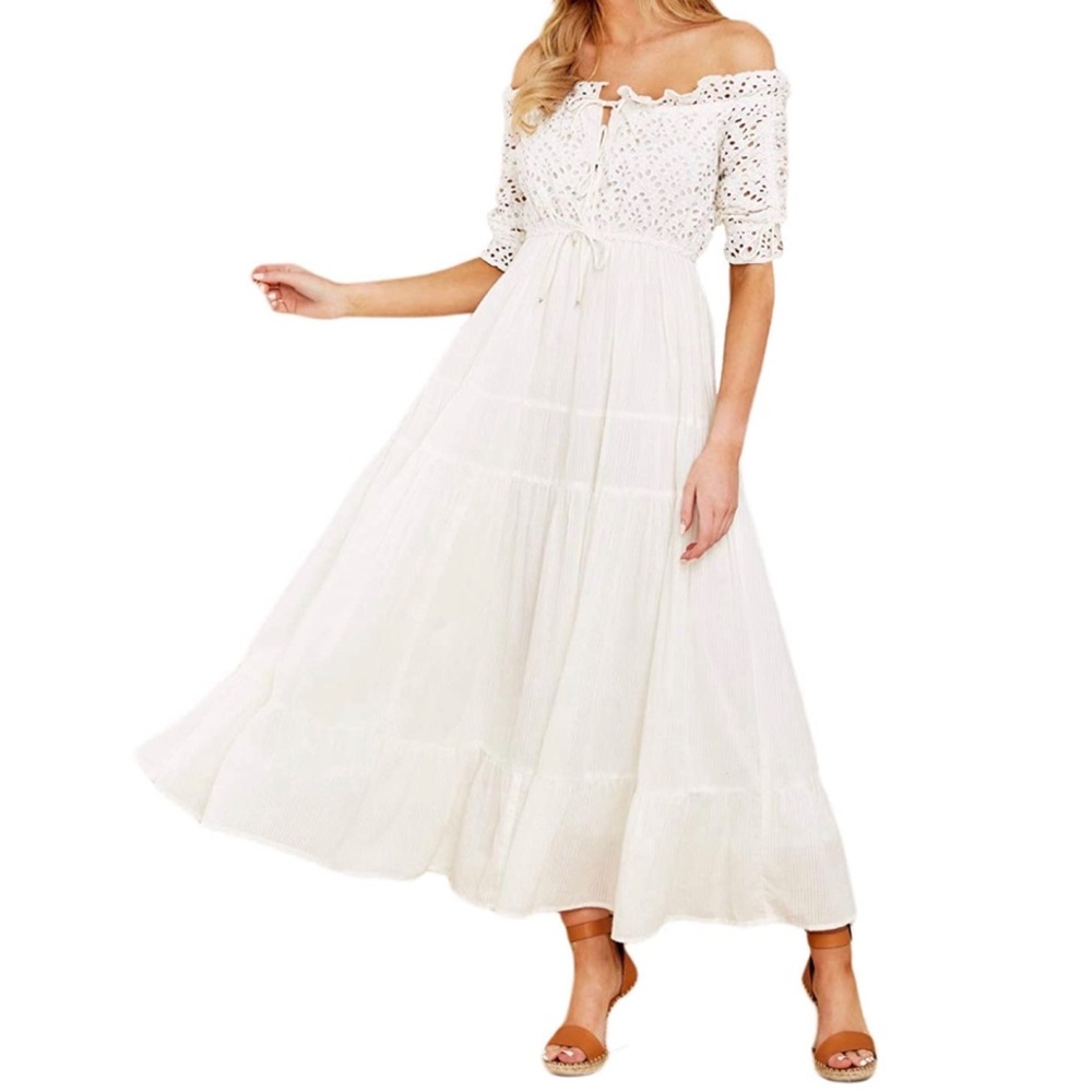 Women’s Embroidered Off The Shoulder White Ruffle Maxi Dresses Boho Long Dress